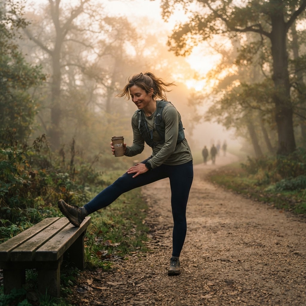 Runner estirando al amanecer con su taza de café