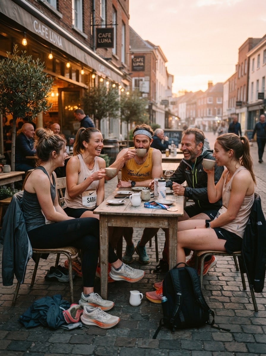 Runners tomando café juntos tras la carrera matutina
