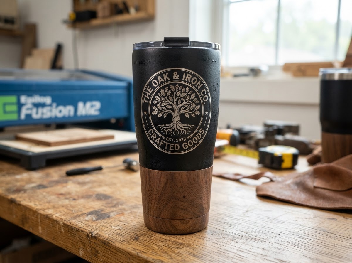 Laser engraved wood and metal stainless tumbler