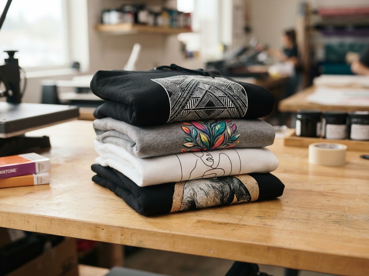 Stack of custom printed t-shirts and hoodies produced by D'Lux Creations serving Las Vegas, NV