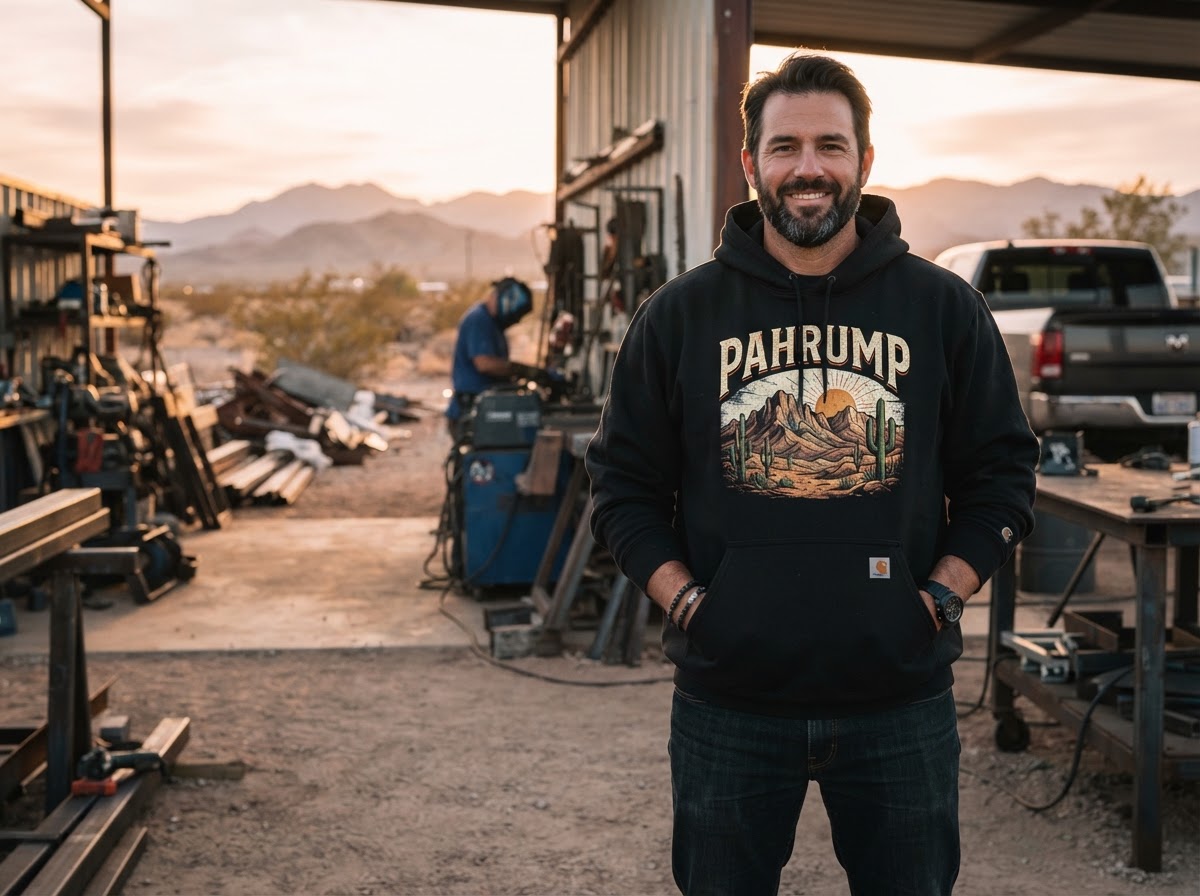 Adult wearing a custom Carhartt CTK288 hoodie with a full-color DTF-printed front graphic in a Southern Nevada desert setting