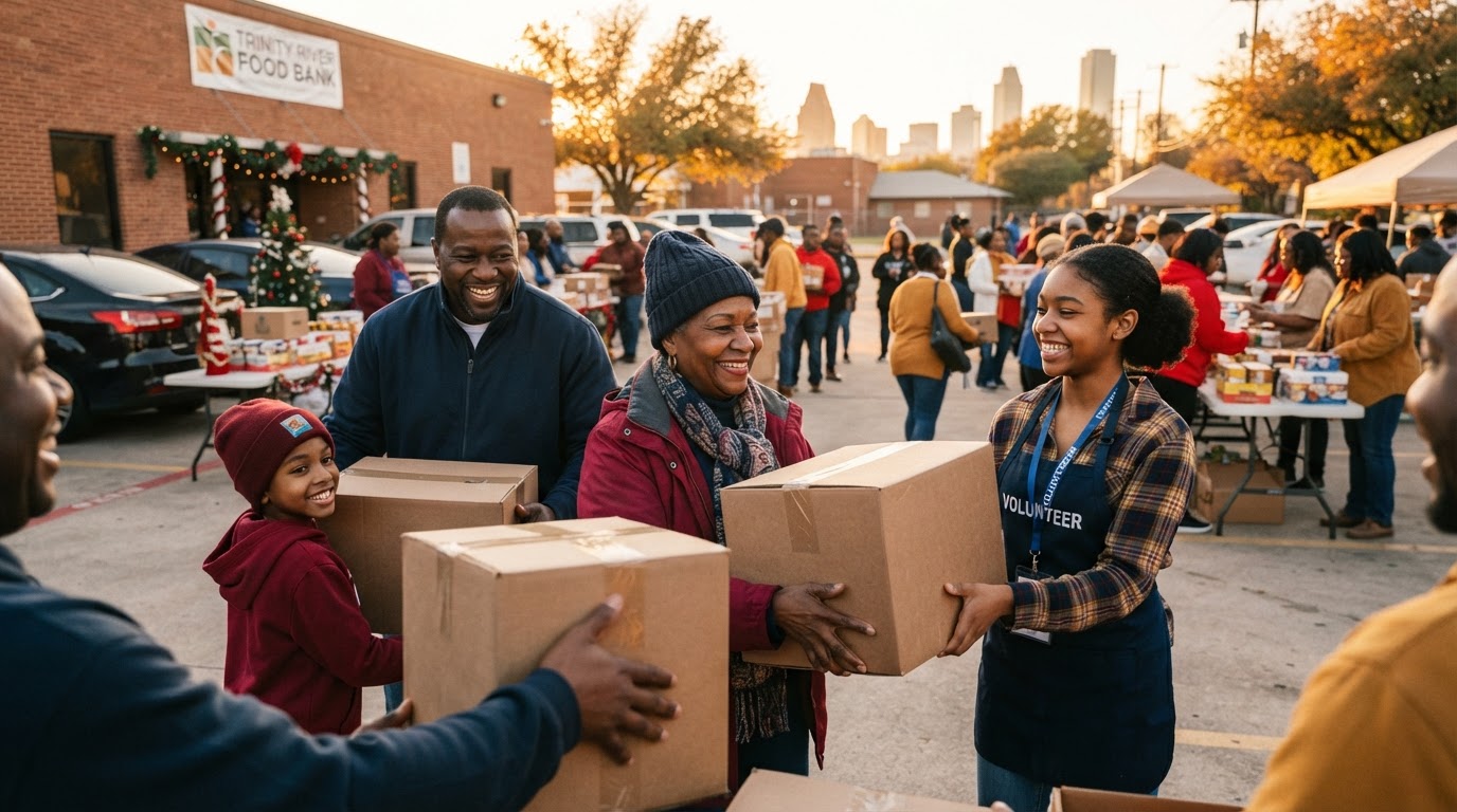 Red Bird community members sharing holiday groceries at golden hour