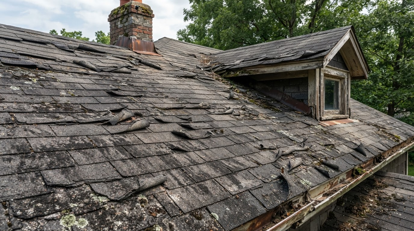 Aging, weathered roof shingles