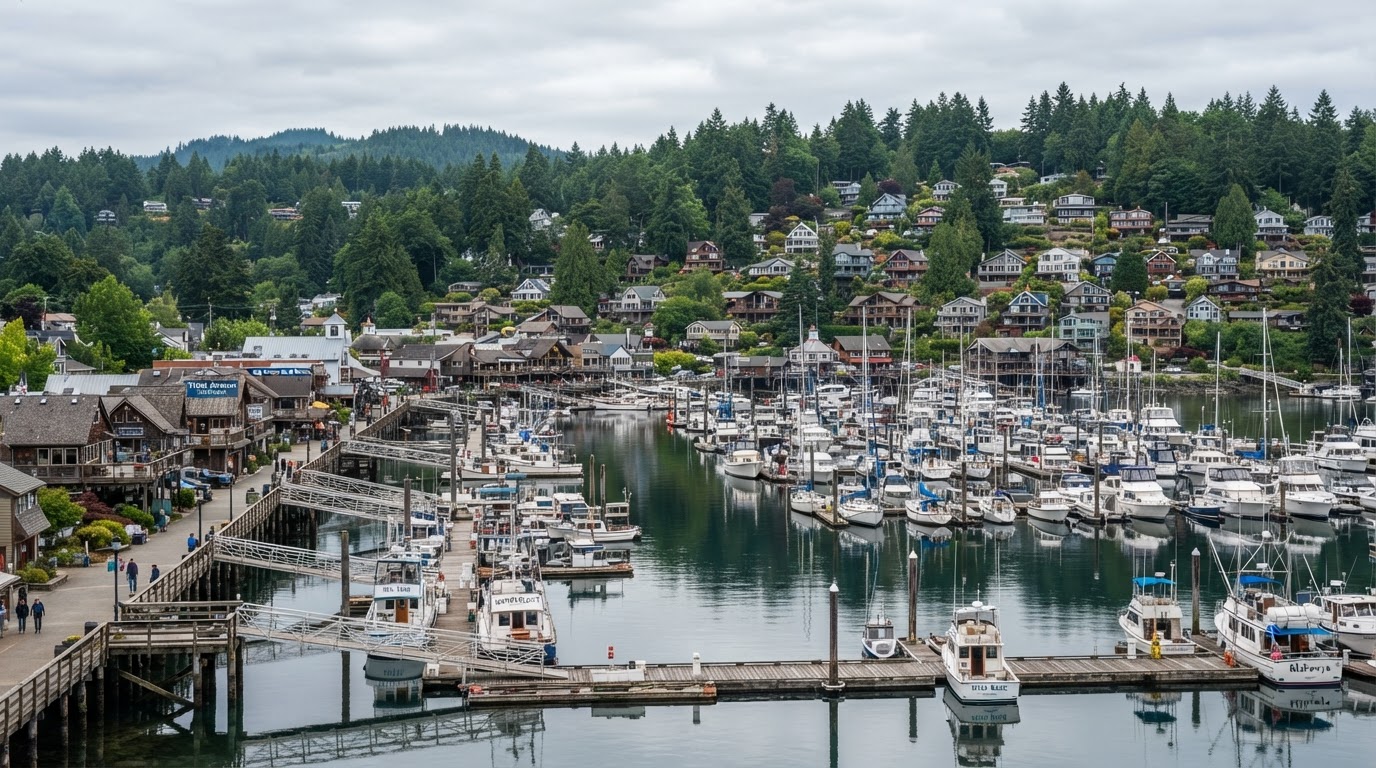 Gig Harbor, Washington waterfront harbor with moored boats and residential homes on the hillside