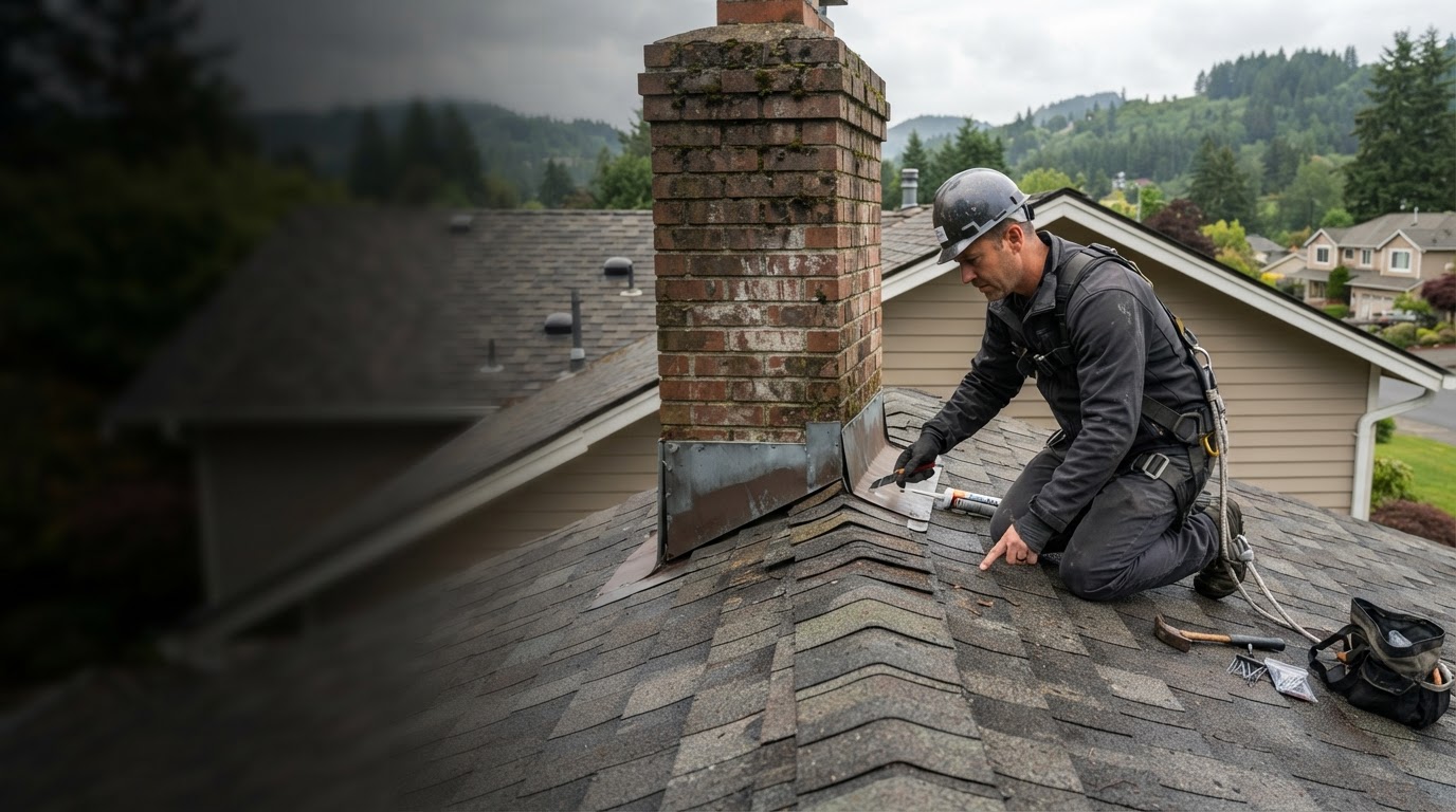PAC Roofing LLC technician inspecting shingles and flashing for leak detection