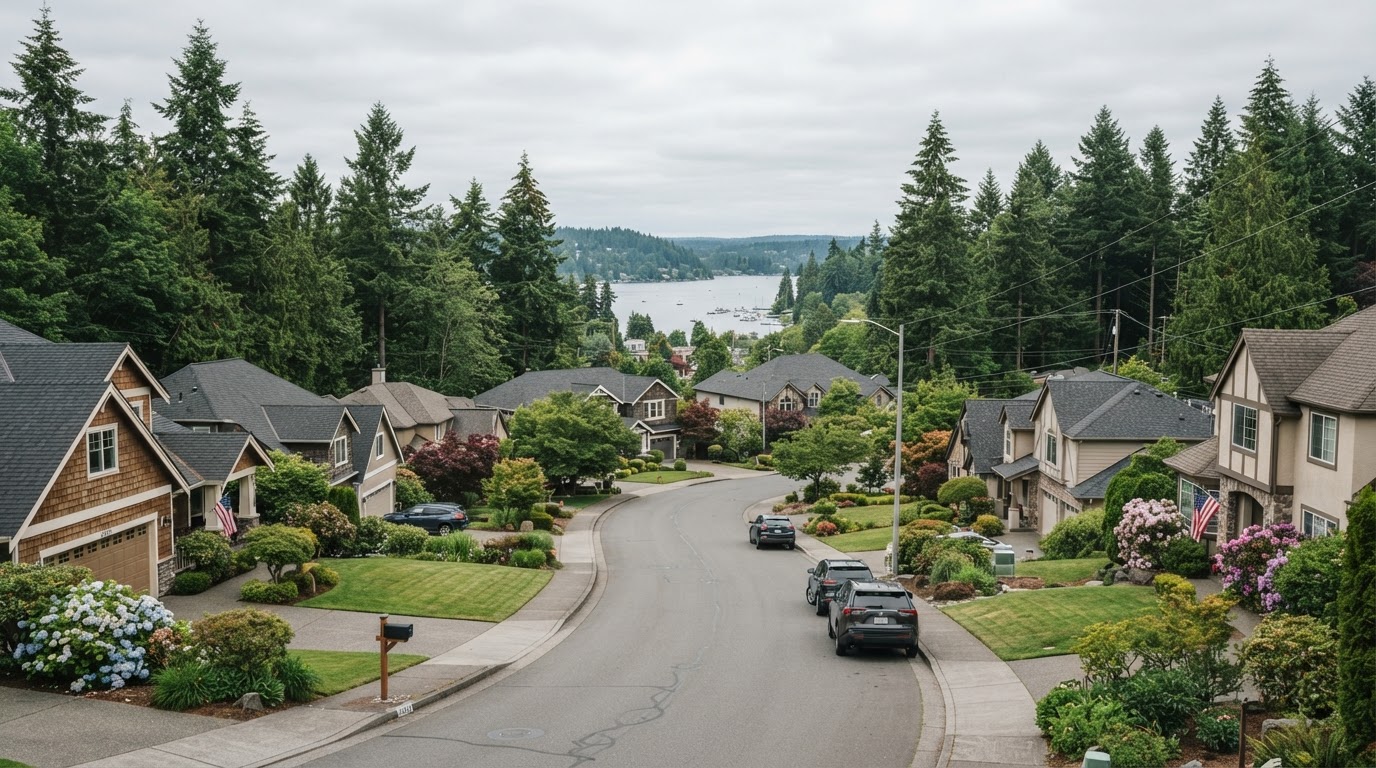 Lakewood, Washington neighborhood with well-maintained residential roofs and American Lake in the distance