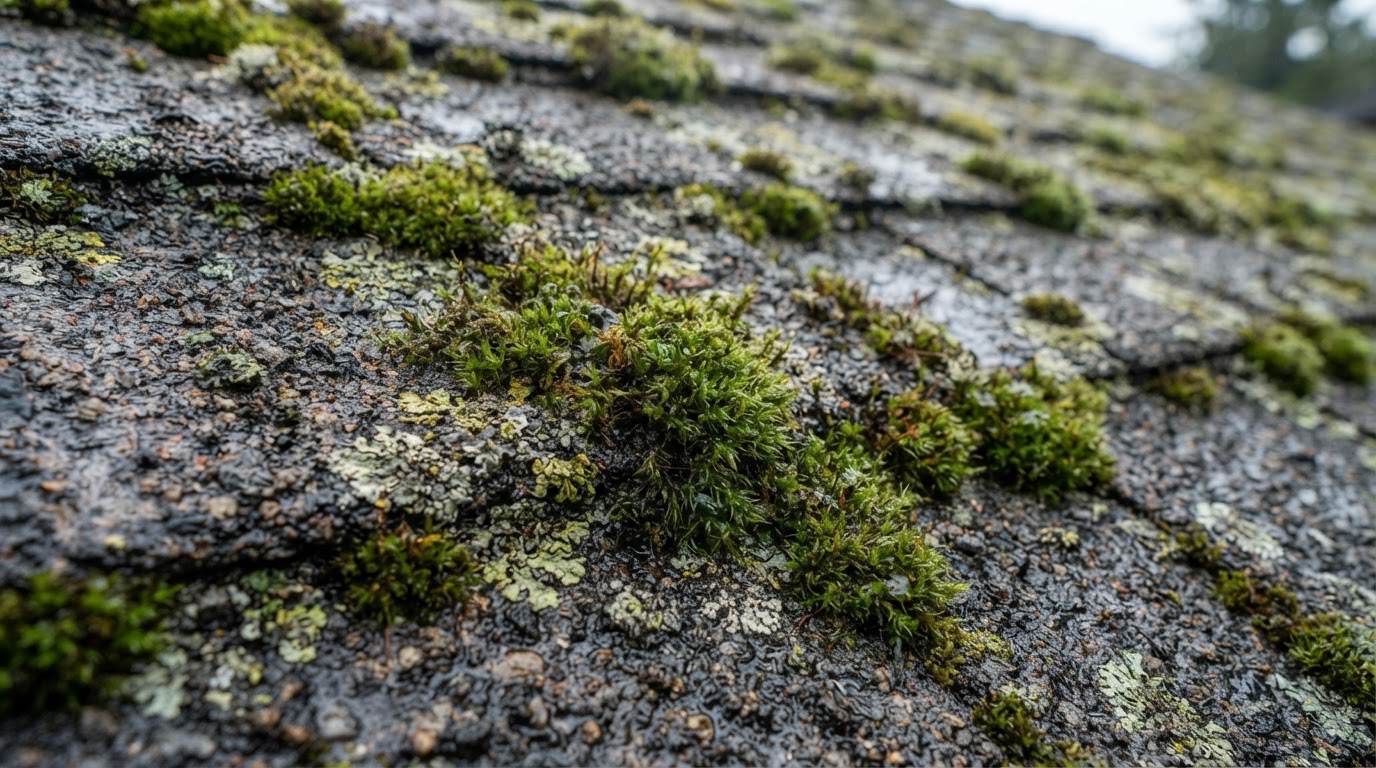 Green moss clumps on damp roof shingles in the Pacific Northwest