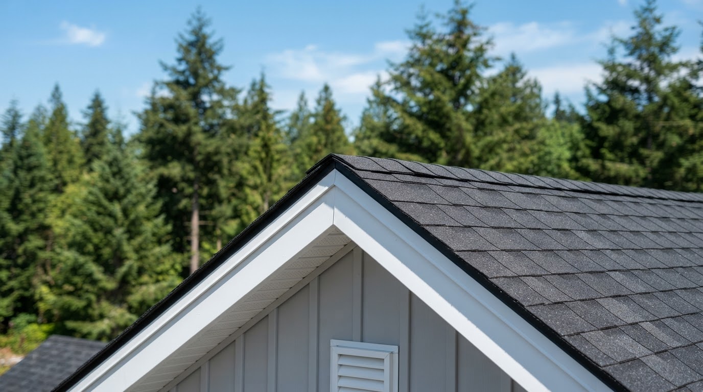 New roof gable detail with evergreen trees in background