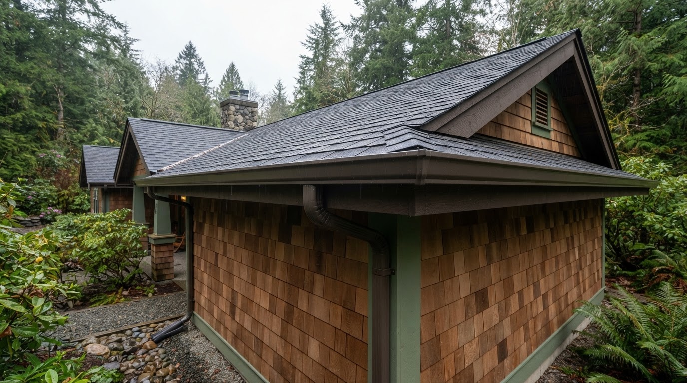 Clean modern seamless gutters and downspout installed along roofline
