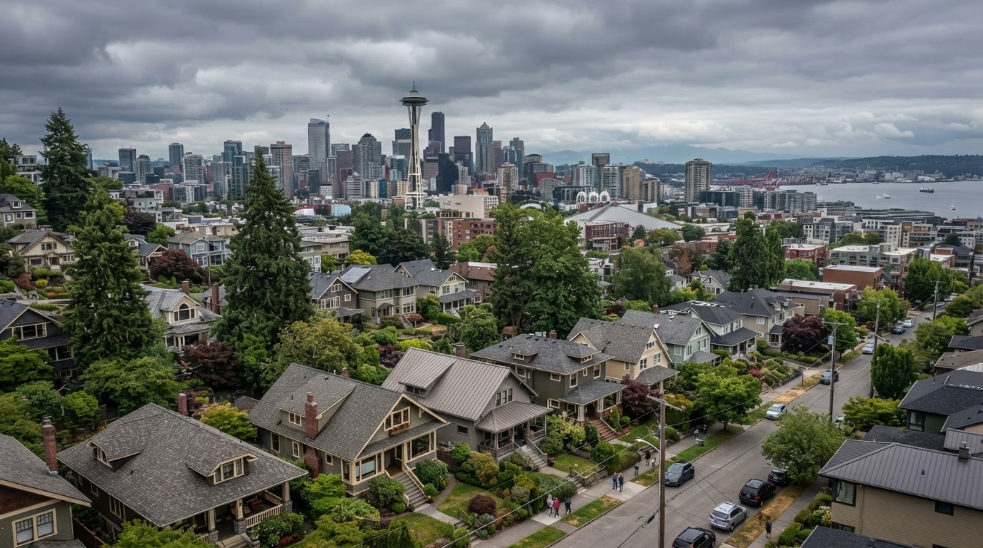 Seattle, Washington neighborhood with well-maintained residential roofs and the Seattle skyline in the distance