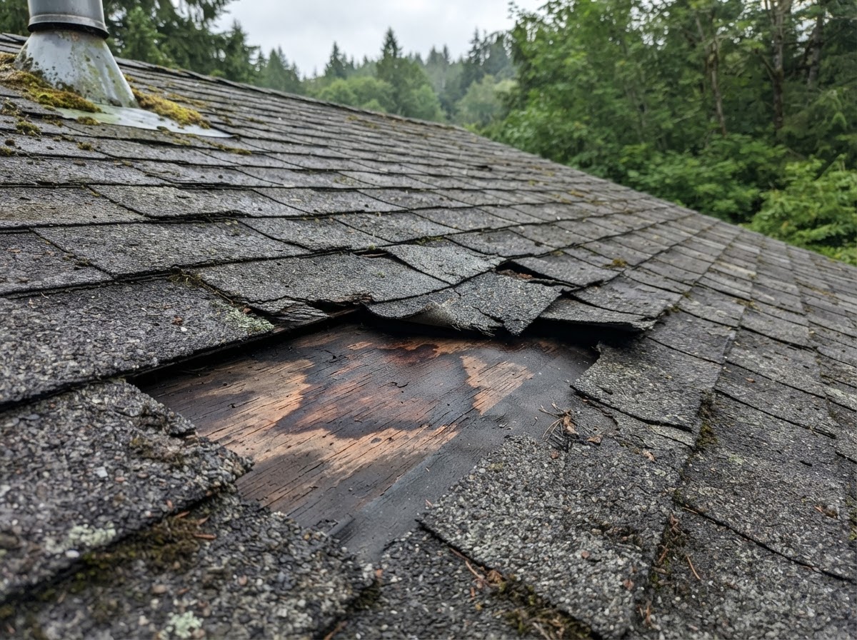 Damaged asphalt shingle roof with missing and cracked shingles needing repair