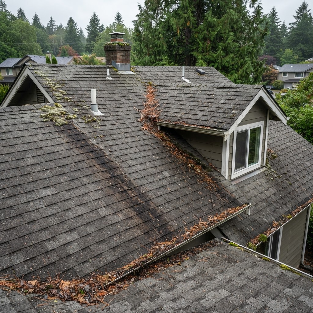 Dirty residential roof with light moss, algae streaks, and debris needing cleaning