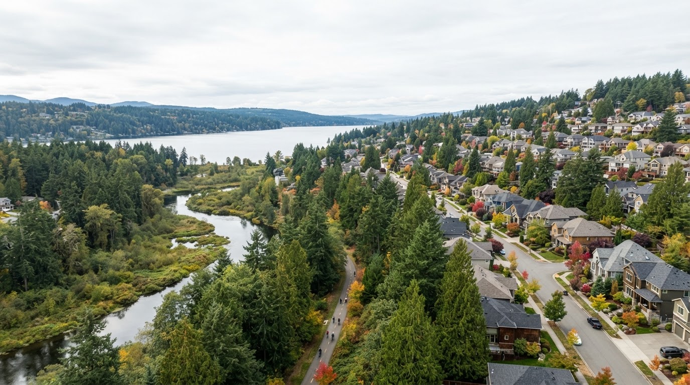 Redmond, Washington residential neighborhood with well-maintained roofs, evergreen trees, and the Sammamish River valley in the distance