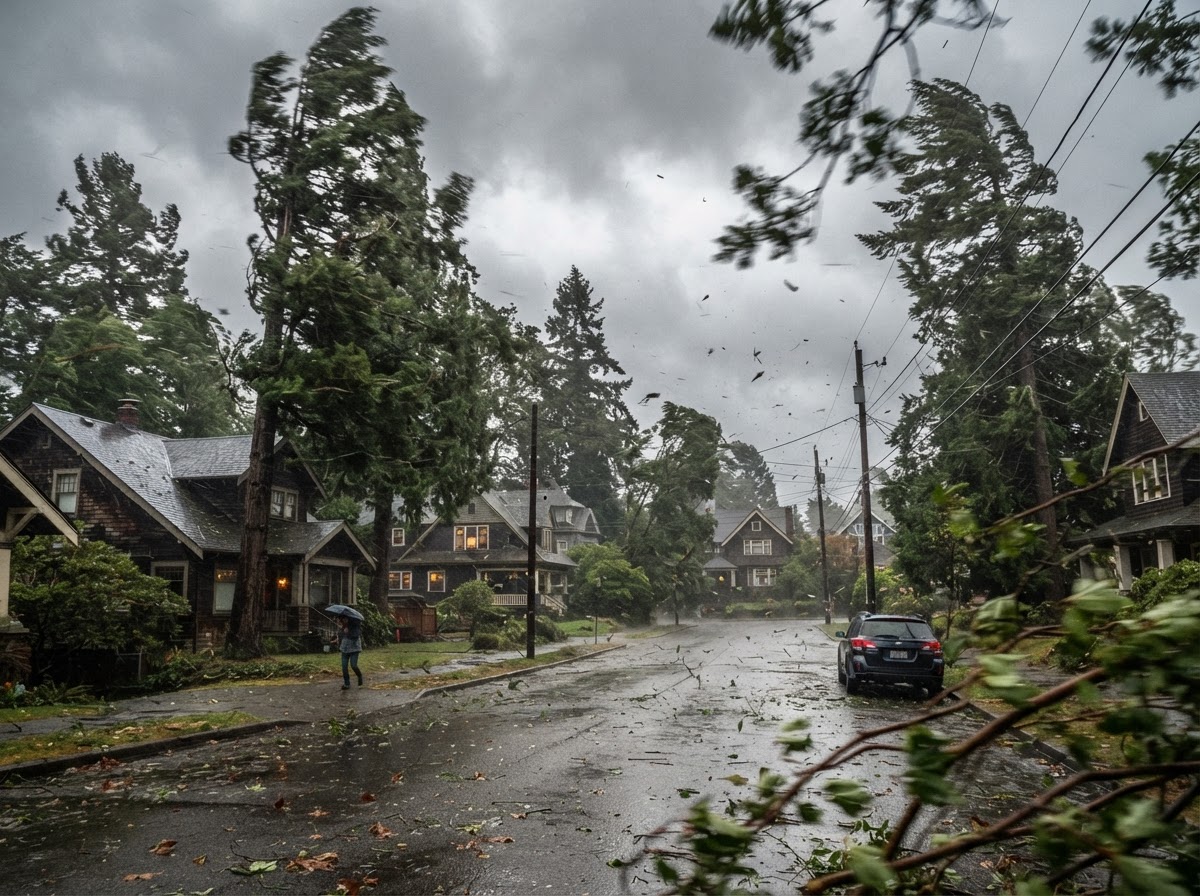 Strong winds bending evergreen trees in a Pacific Northwest residential neighborhood during a storm