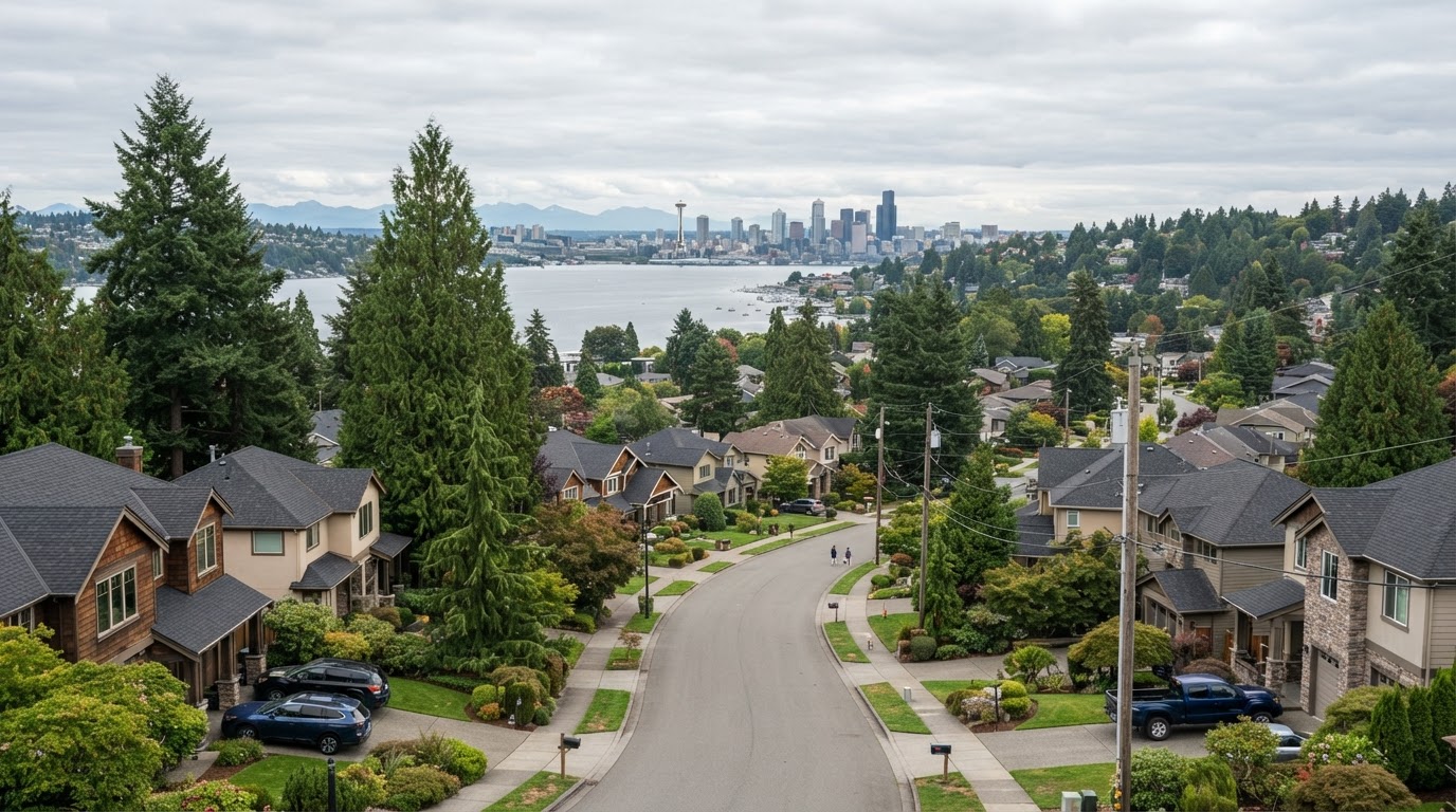 Renton, Washington residential neighborhood with well-maintained roofs, evergreen trees, and Lake Washington in the distance