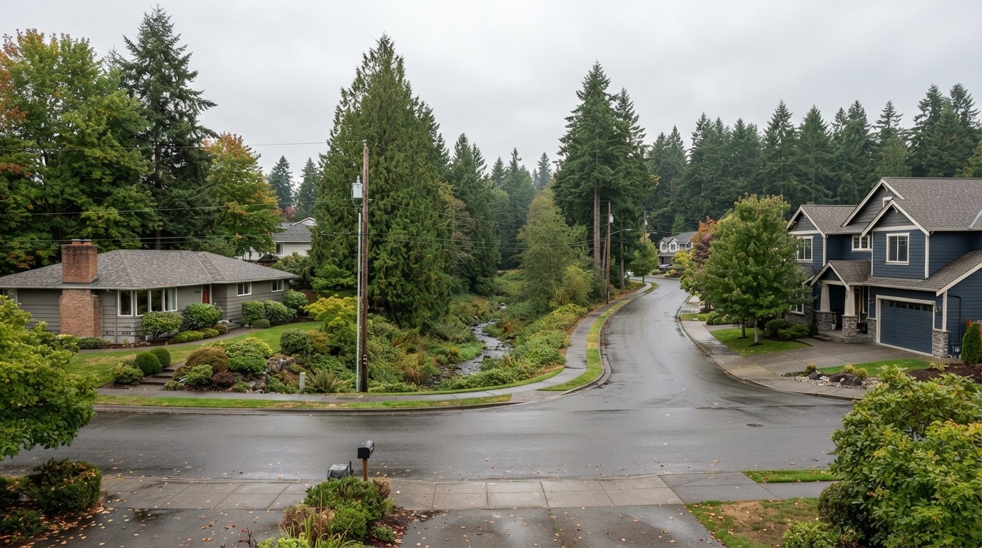 Lynnwood, Washington suburban neighborhood with flat terrain, mature evergreen trees, mid-century ranch homes, and well-maintained roofs