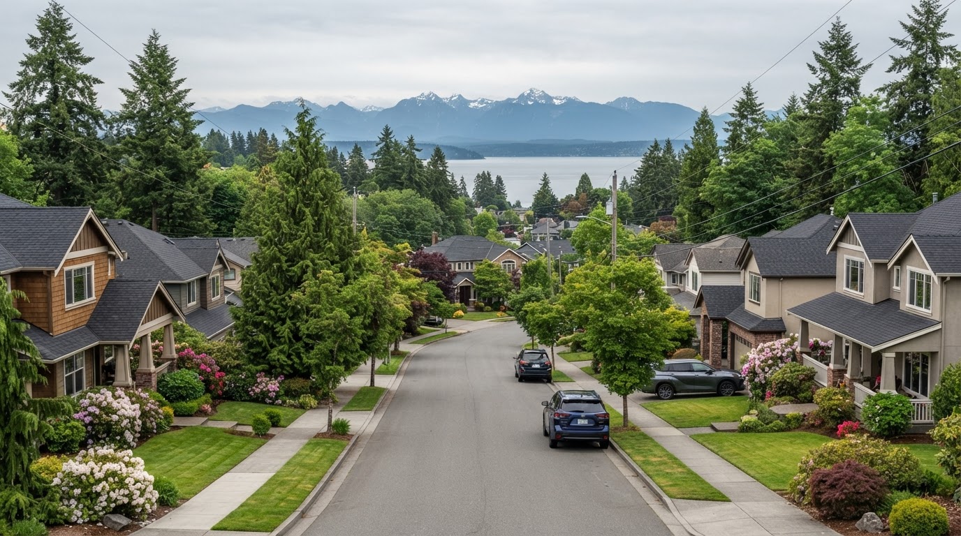 University Place, Washington neighborhood with well-maintained residential roofs, mature evergreens, and a view of the Puget Sound