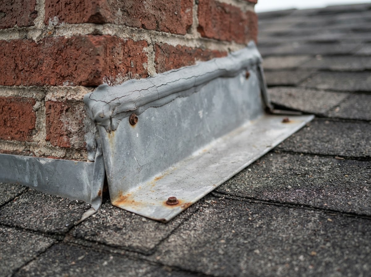 Metal roof flashing around chimney and transitions