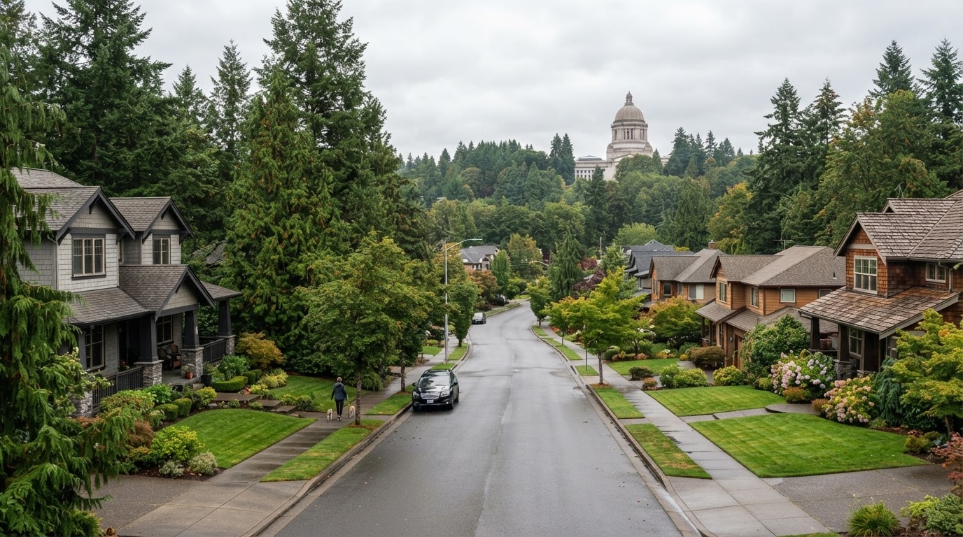 Lacey, Washington residential neighborhood with lakeside homes, mature evergreen trees, and well-maintained roofs