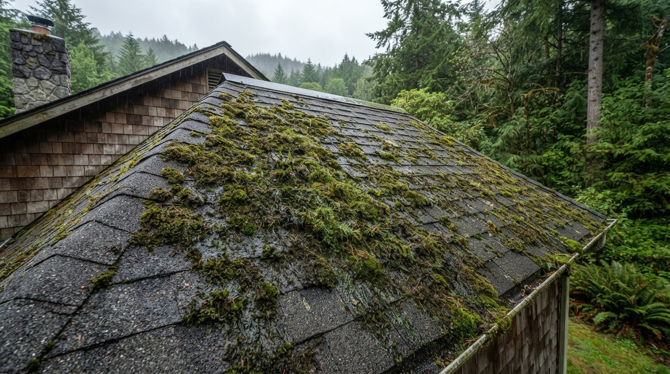 Wet green moss buildup on roof shingles