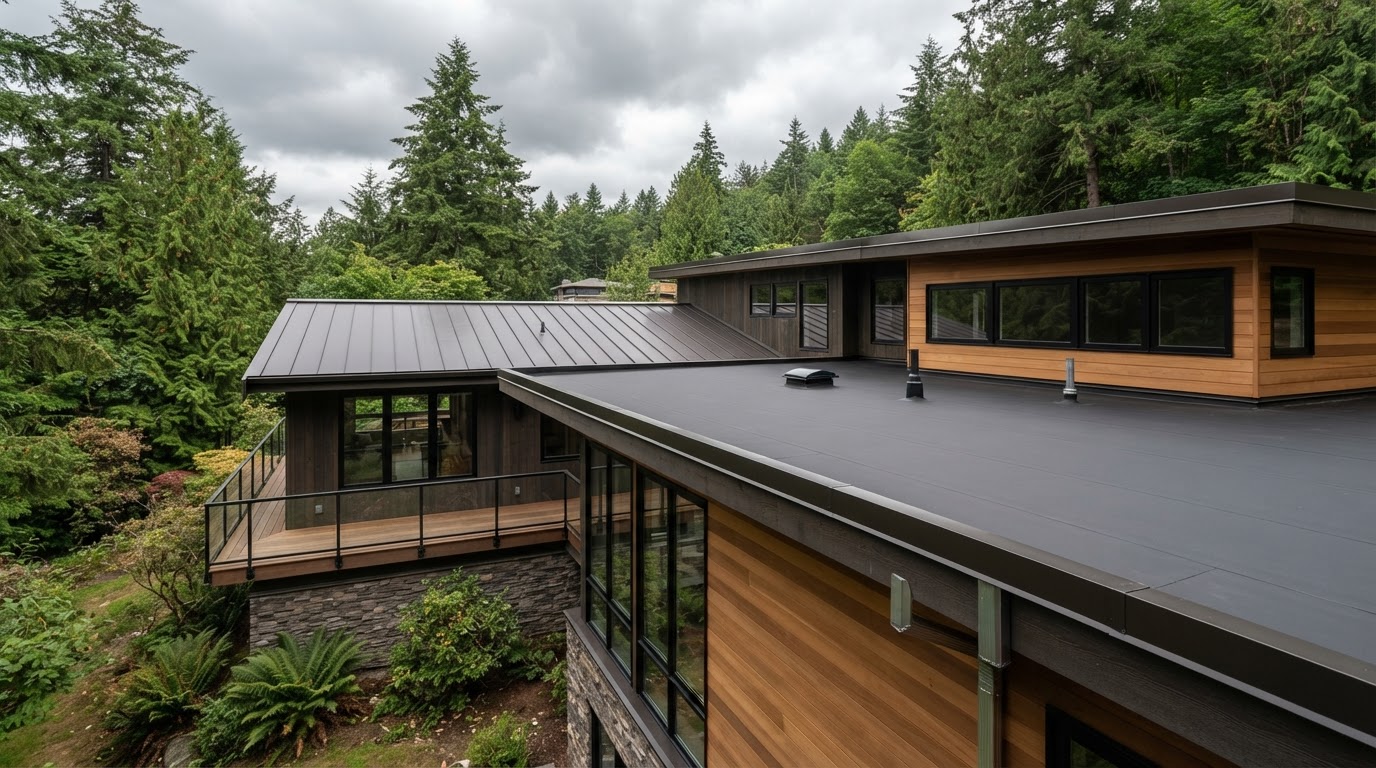 Pacific Northwest home with a low-slope membrane roof section and metal transition flashing