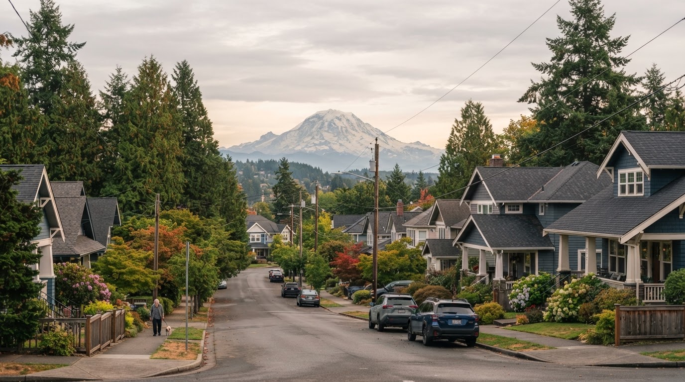 Tacoma, Washington neighborhood with well-maintained residential roofs and Mount Rainier in the distance