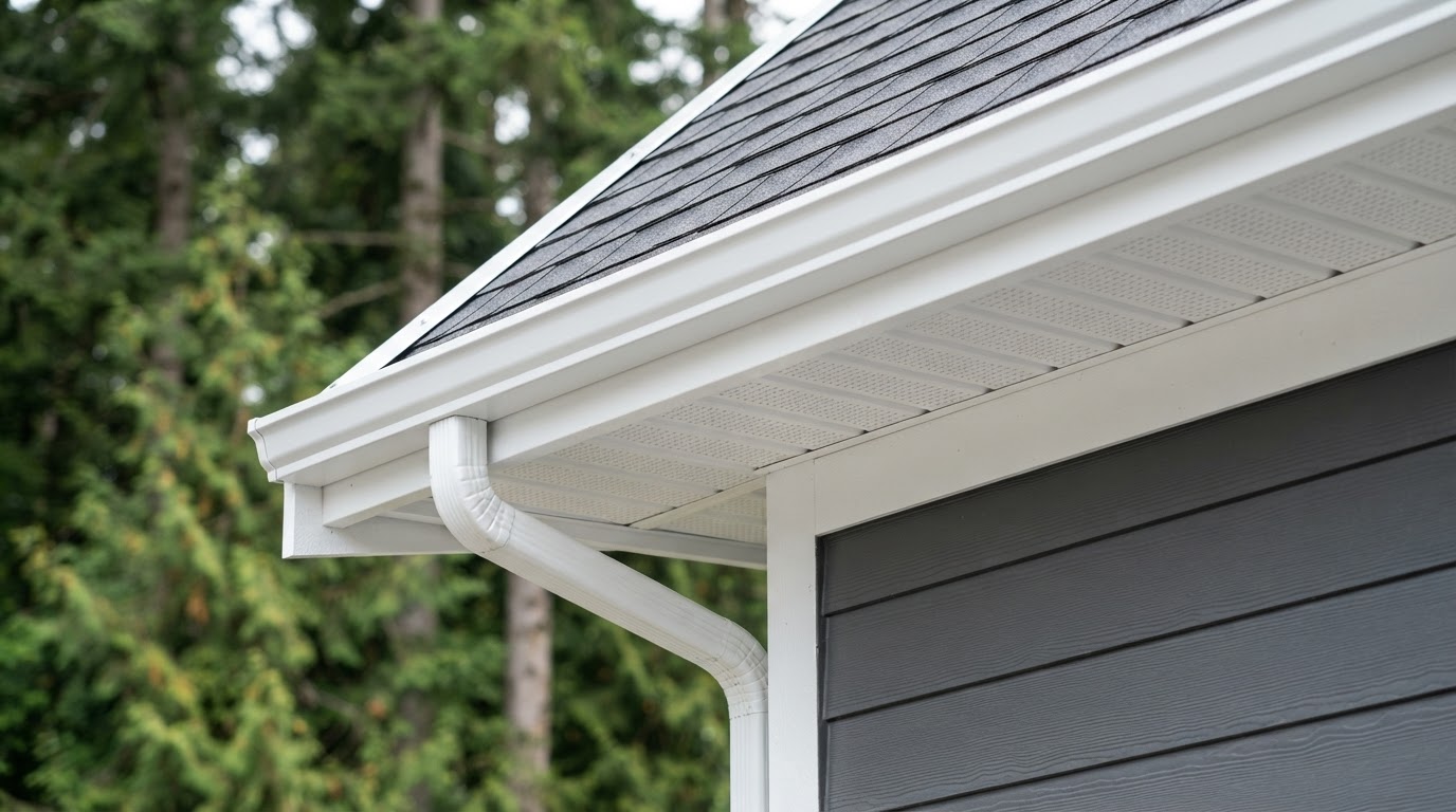 Clean soffit ventilation, fascia board, and seamless gutter system