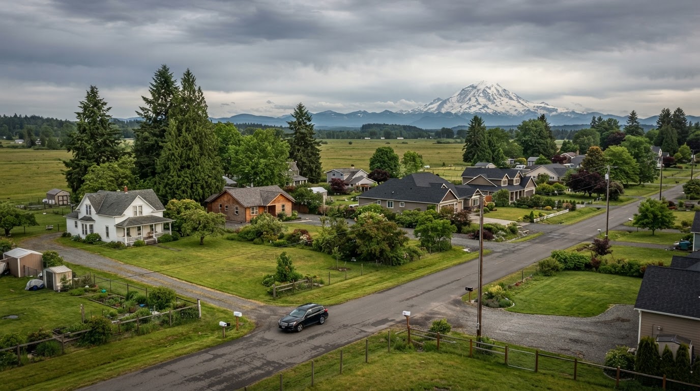 Yelm, Washington rural prairie neighborhood with farm homes, mature trees, and well-maintained roofs with distant views of Mount Rainier