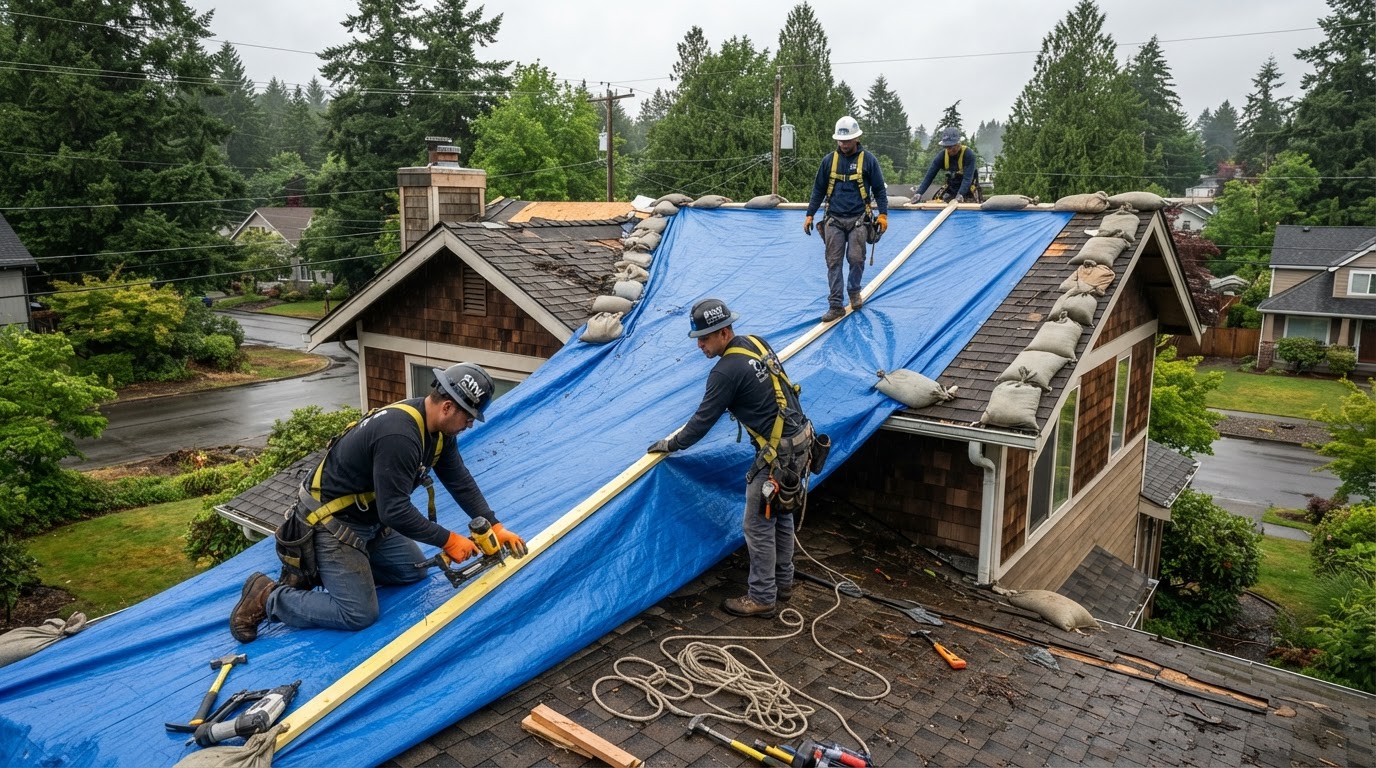 Roofers securing blue emergency tarp over damaged roof