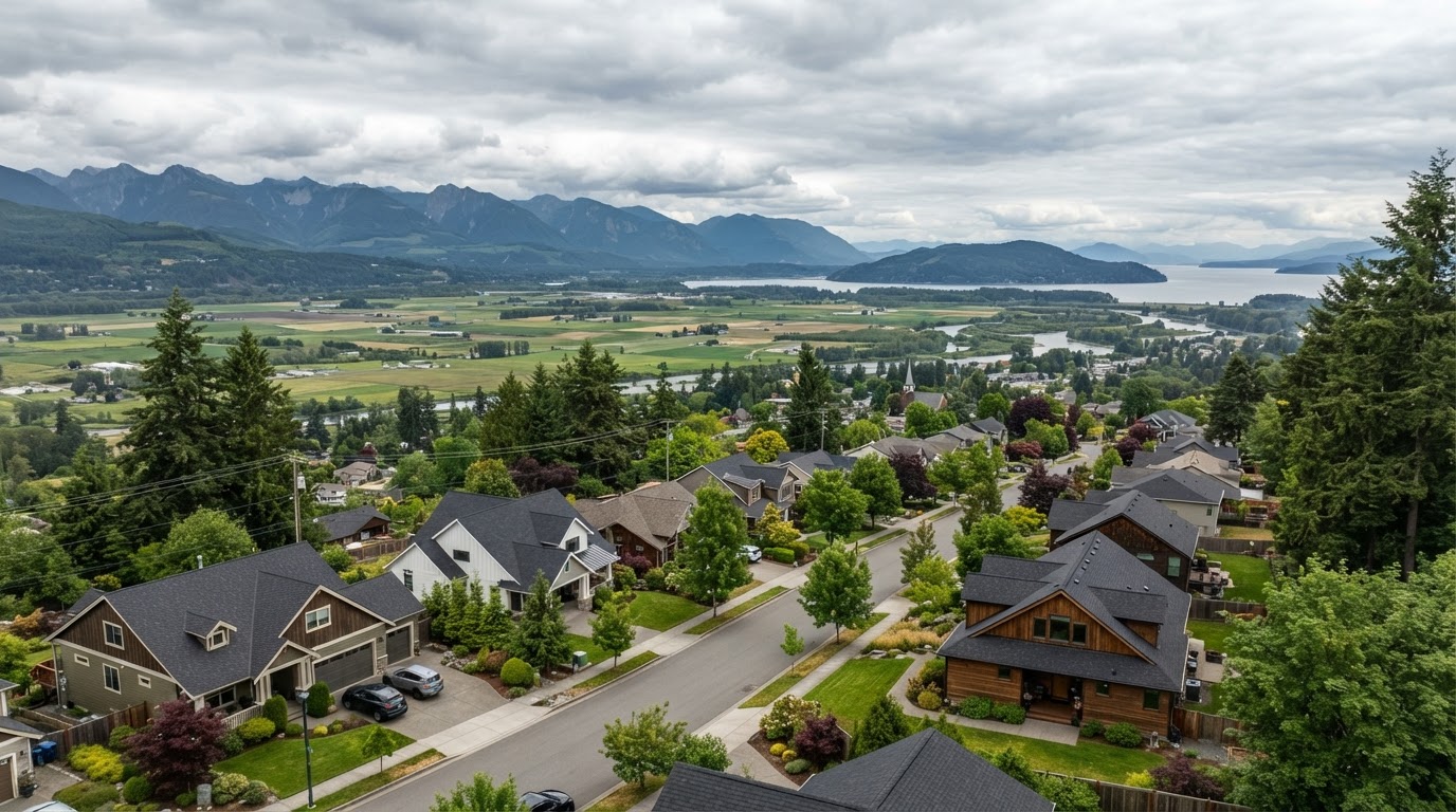Stanwood, Washington residential neighborhood in the Stillaguamish River valley with mature evergreen trees, flat farmland, and Cascade foothill views