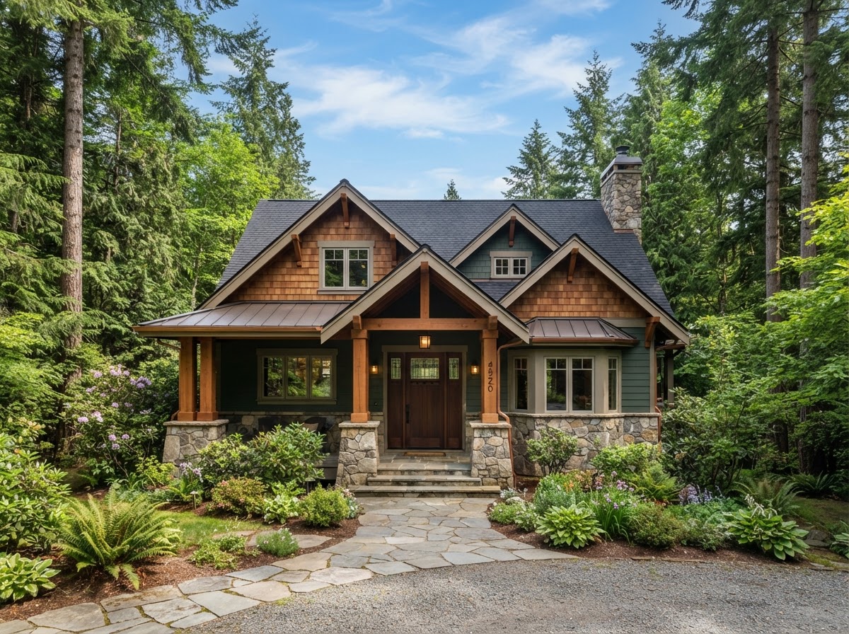 Pacific Northwest craftsman home with dark shingle roof and evergreen trees