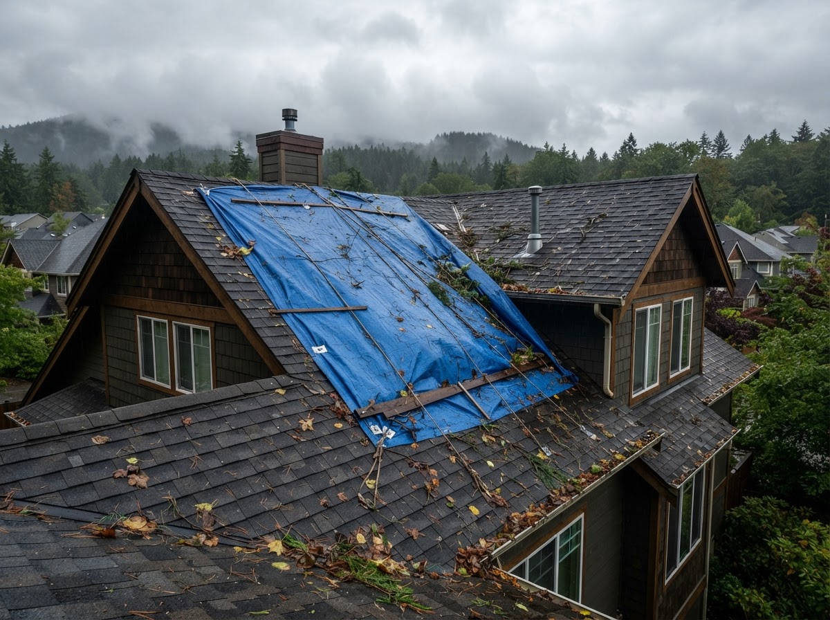 Emergency blue tarp secured over storm-damaged residential roof shingles