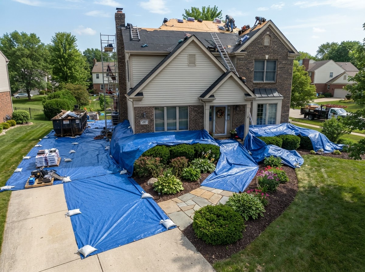 Protective blue tarps laid over driveway and landscaping