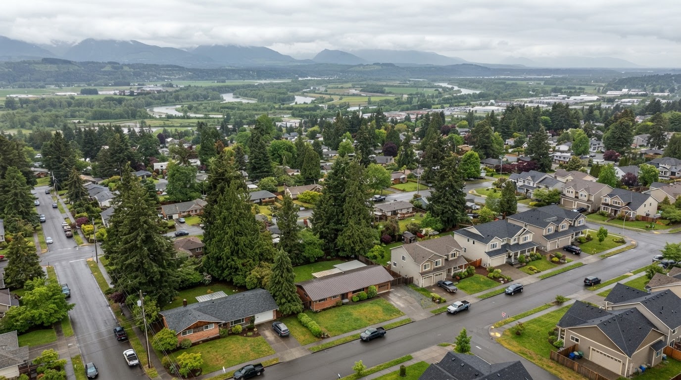 Marysville, Washington suburban neighborhood with flat terrain, mature evergreen trees, mid-century ranch homes, and well-maintained roofs