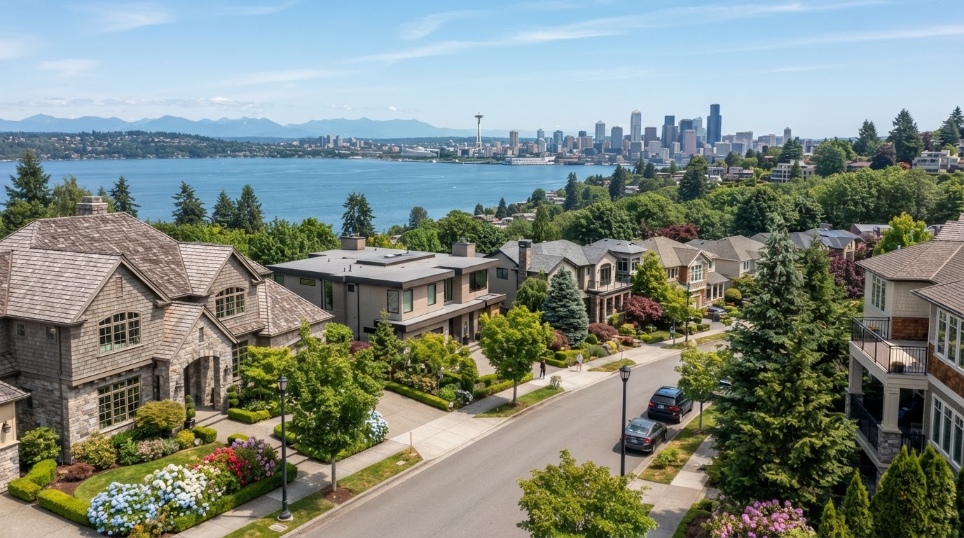 Bellevue, Washington residential neighborhood with well-maintained roofs, evergreen trees, and Lake Washington in the distance