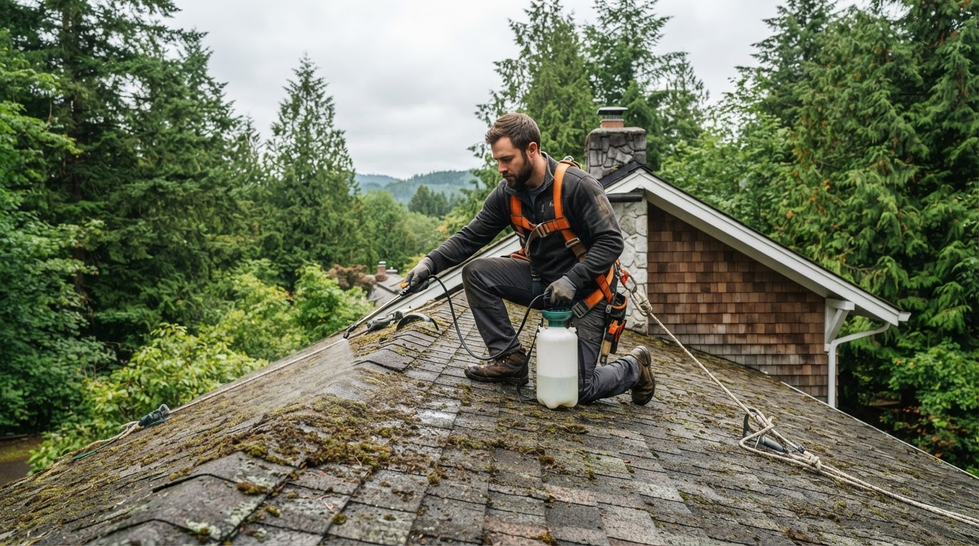 Professional roofer gently soft-washing an asphalt shingle roof with a low-pressure wand