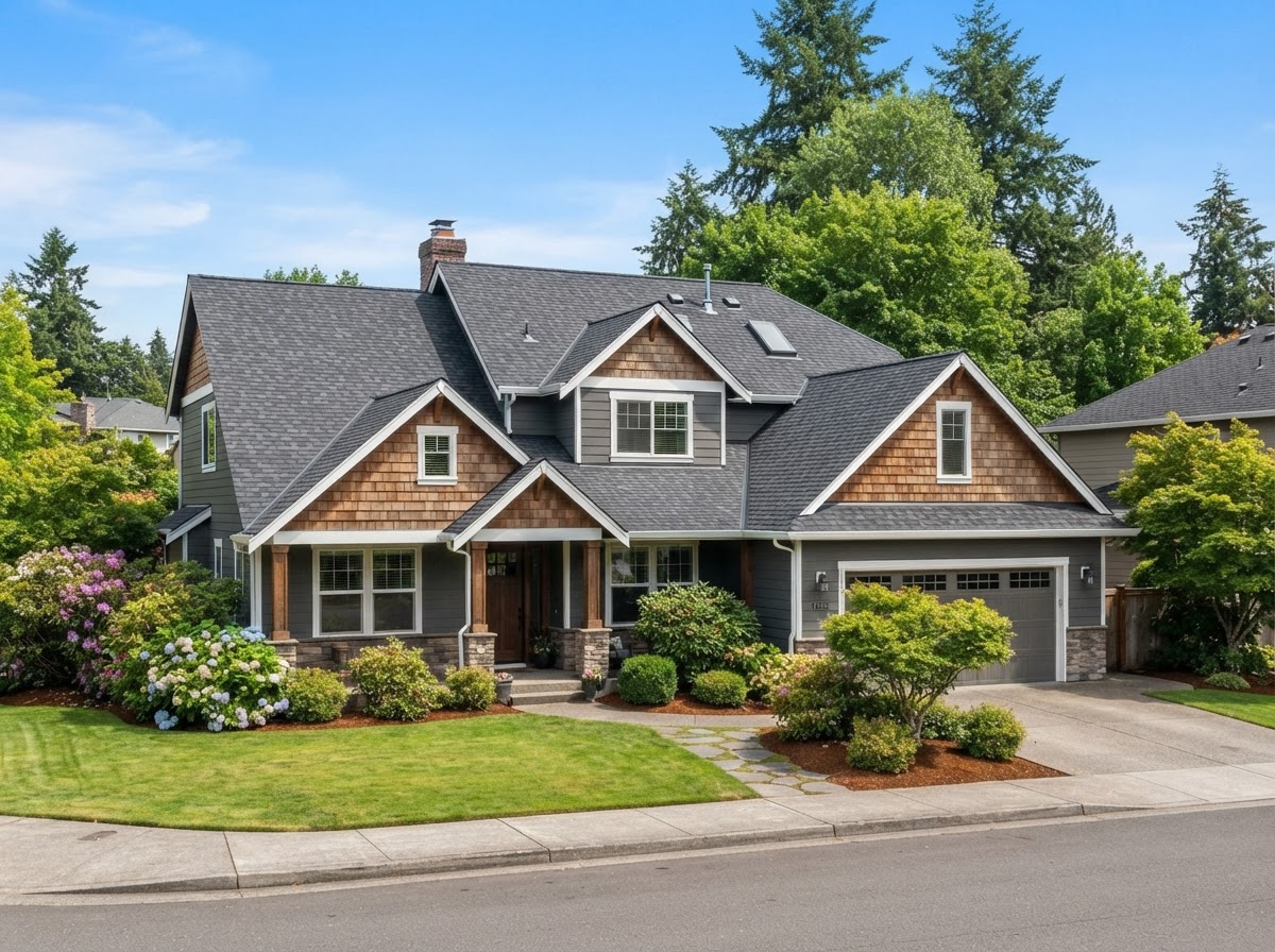Pacific Northwest home with a freshly installed architectural shingle roof