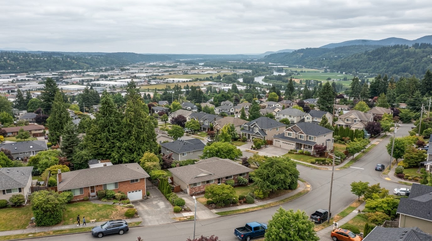 Auburn, Washington residential neighborhood with well-maintained roofs, evergreen trees, and the Green River valley in the distance