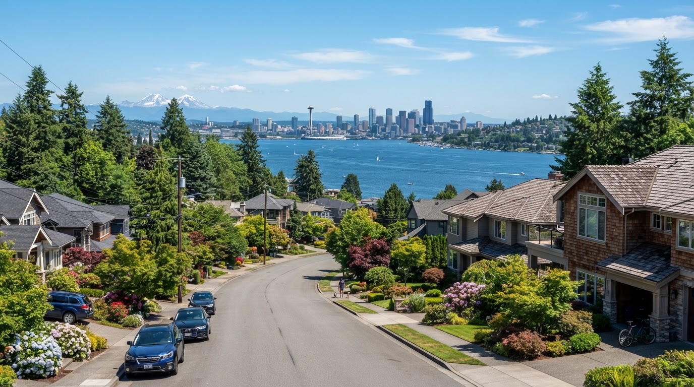 Kirkland, Washington residential neighborhood with well-maintained roofs, evergreen trees, and Lake Washington in the distance