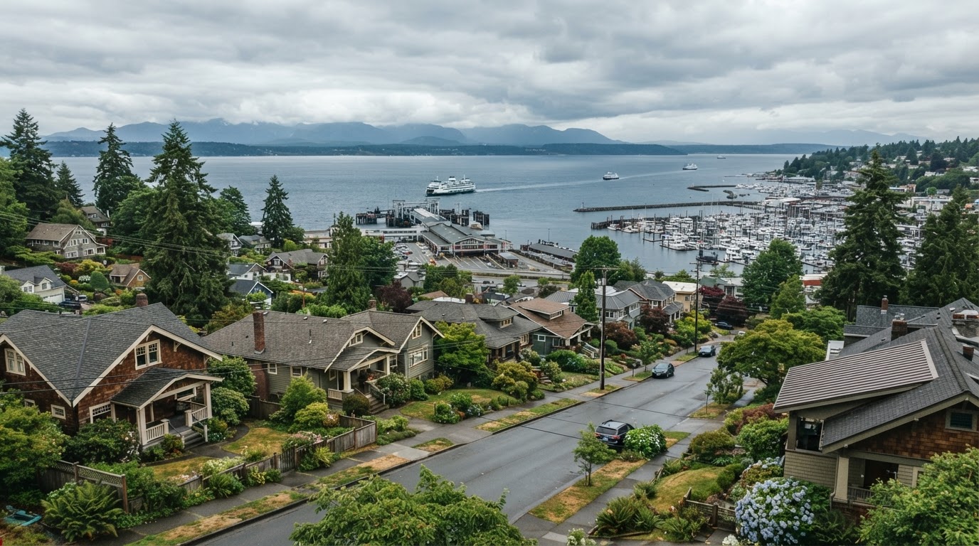 Edmonds, Washington waterfront residential neighborhood overlooking Puget Sound with marina, ferry terminal, mature evergreen trees, and well-maintained roofs