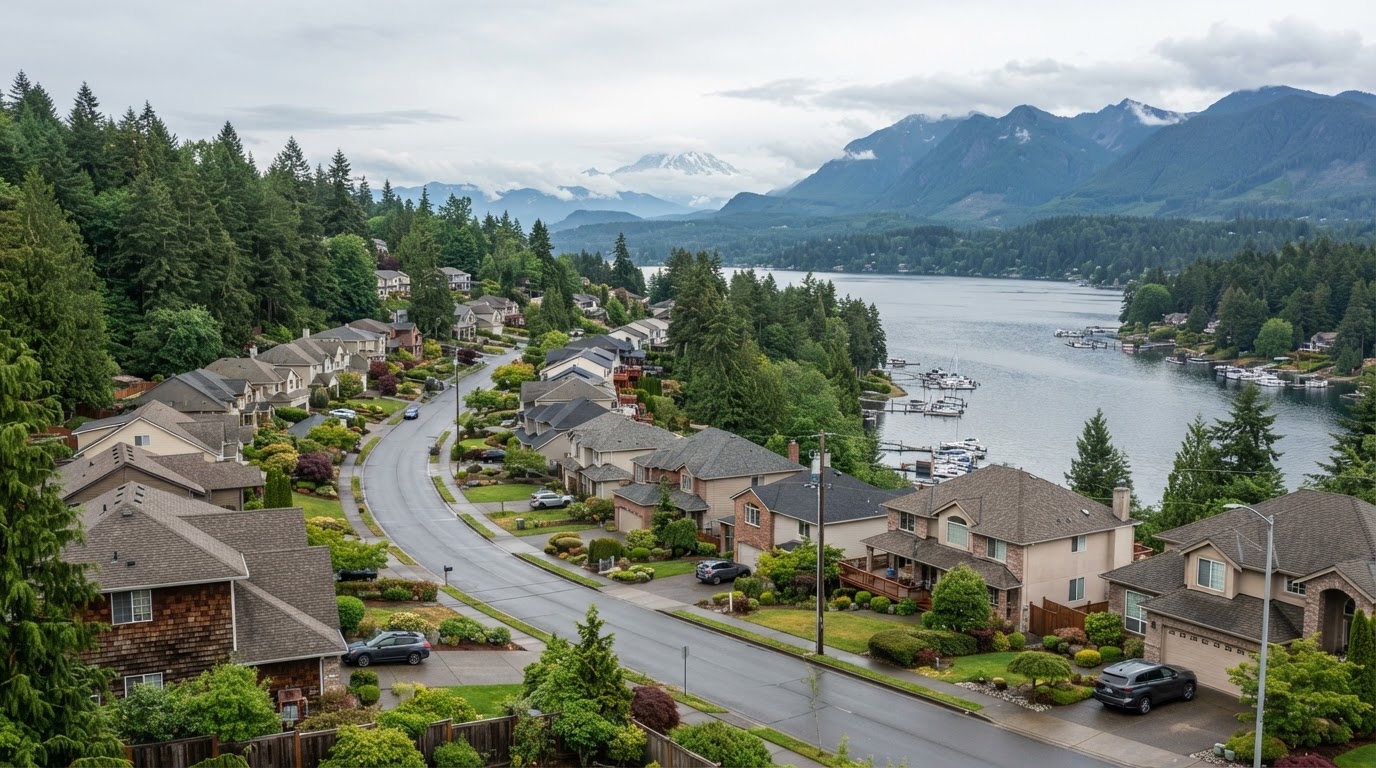 Bonney Lake, Washington hillside neighborhood with well-maintained residential roofs overlooking Lake Tapps and the Cascade foothills