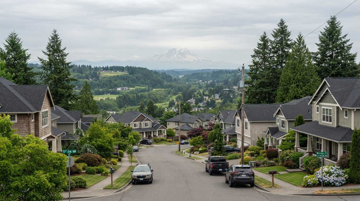 Puyallup, Washington neighborhood with well-maintained residential roofs and Mt. Rainier in the distance