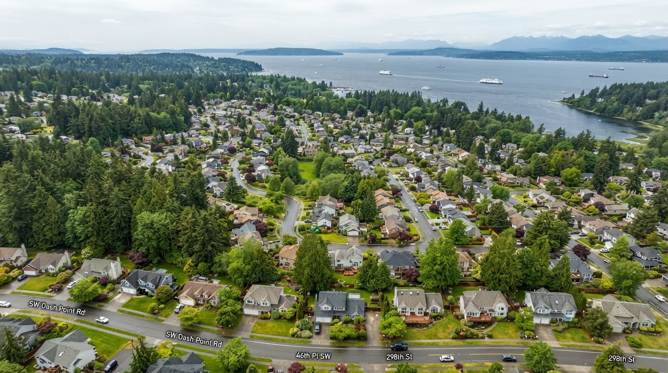 Federal Way, Washington residential neighborhood with well-maintained roofs, evergreen trees, and the Puget Sound waterfront in the distance