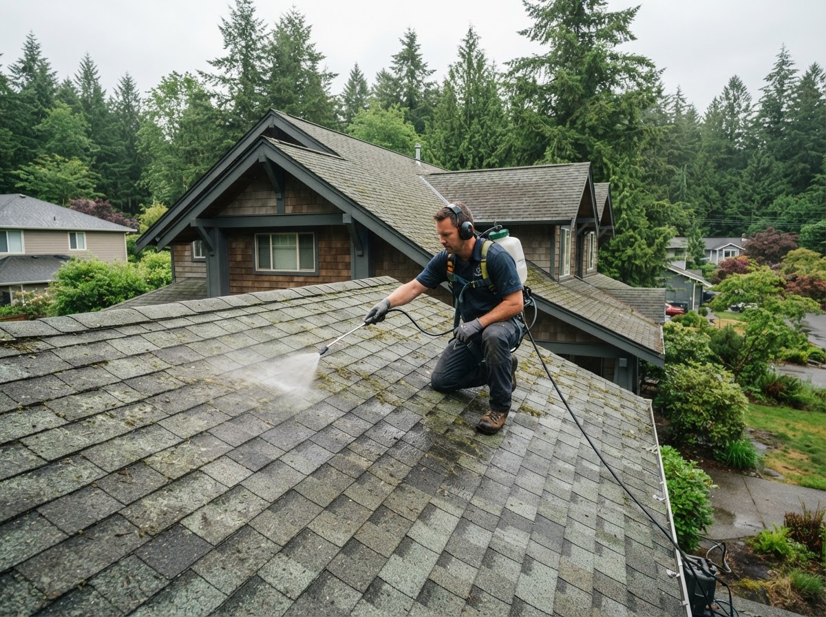 Gentle soft-wash roof cleaning and moss removal in Bellevue, no pressure washing
