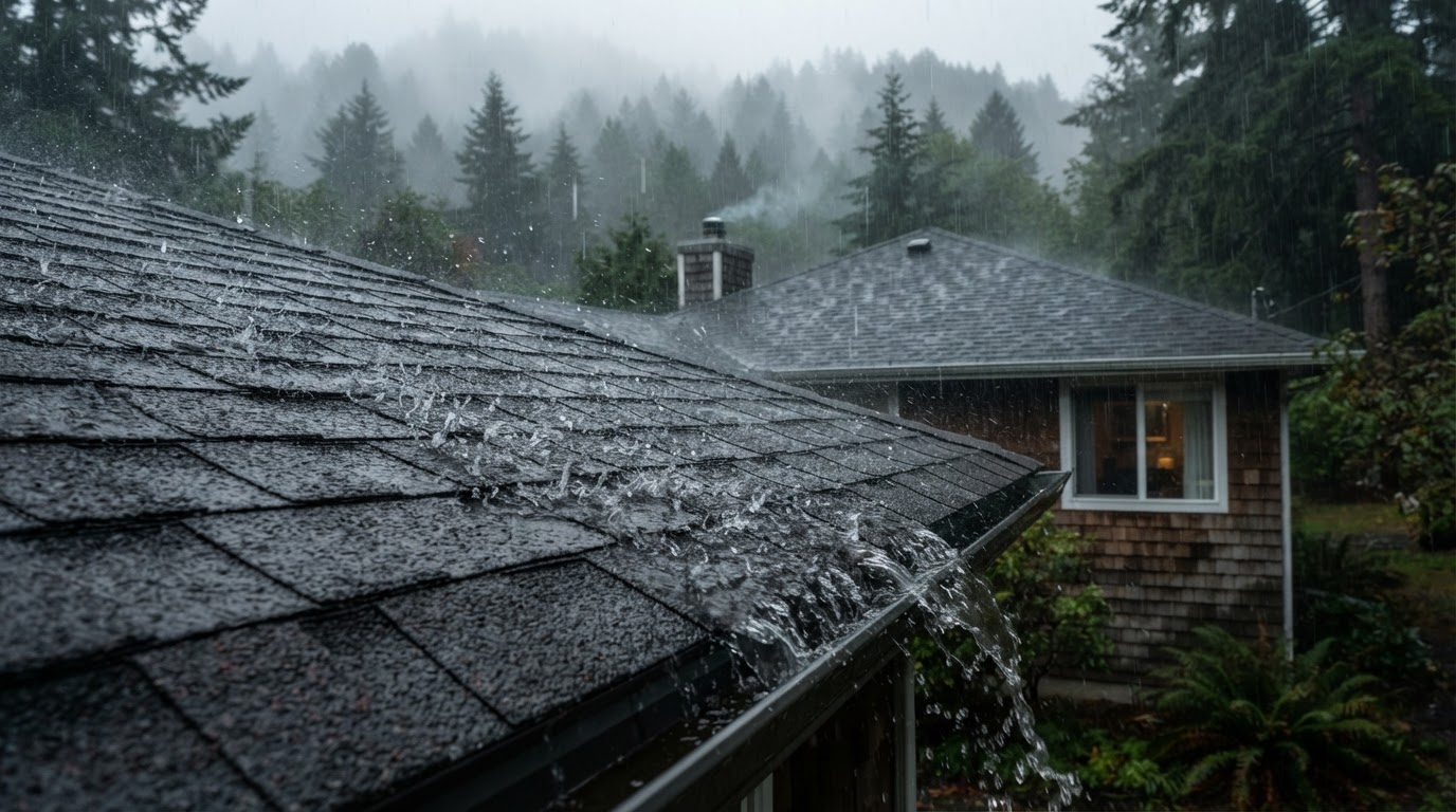 Heavy rain pouring on Pacific Northwest residential roof shingles
