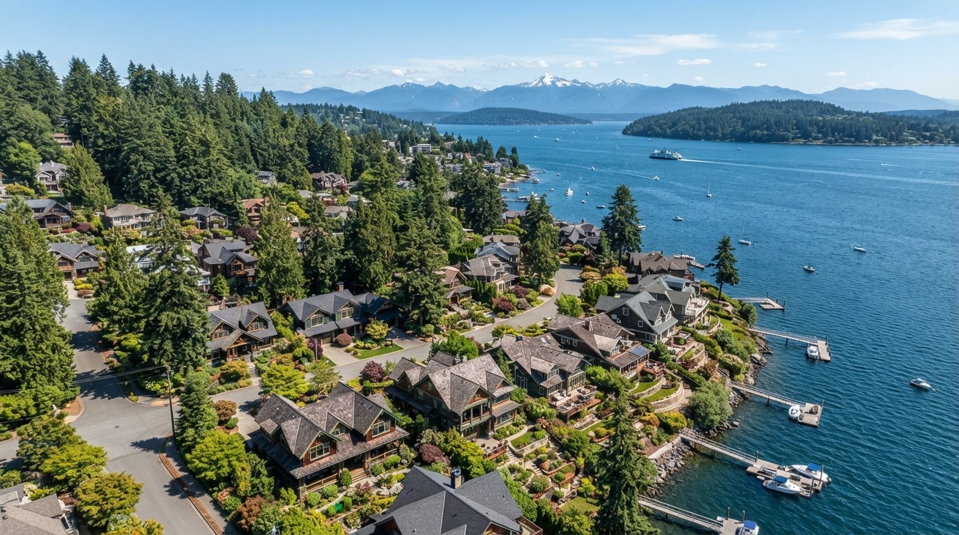 Pacific Northwest residential community nestled among evergreen trees and waterfront