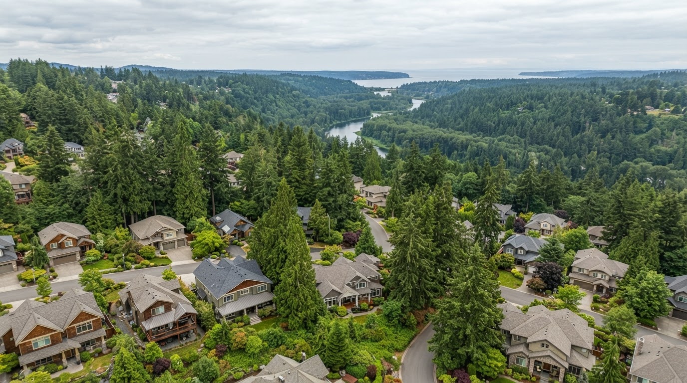 Tumwater, Washington residential neighborhood with hillside homes, mature evergreen trees, and well-maintained roofs near the Deschutes River valley