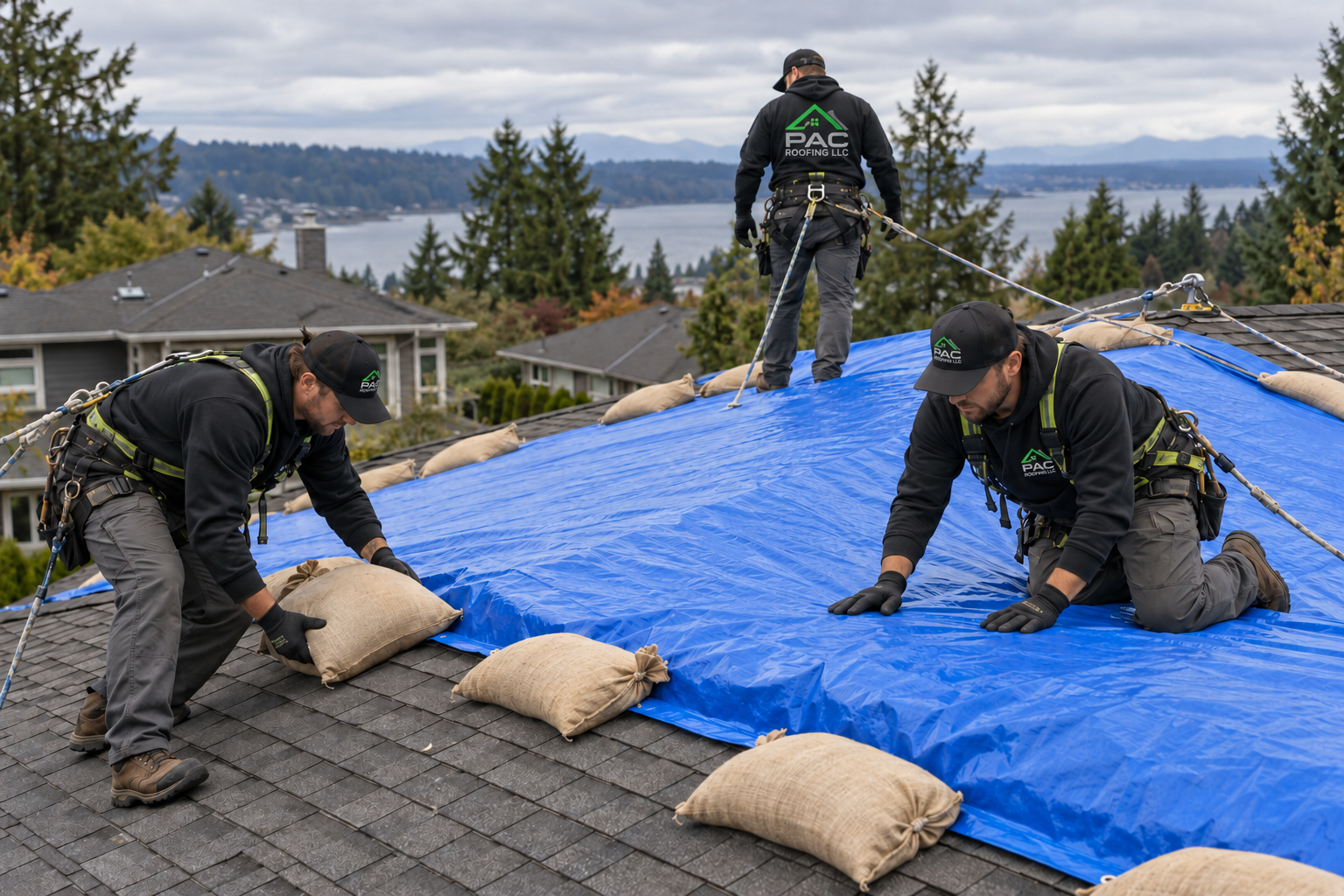 PAC Roofing LLC crew securing emergency blue tarp with safety harnesses and weights on damaged roof