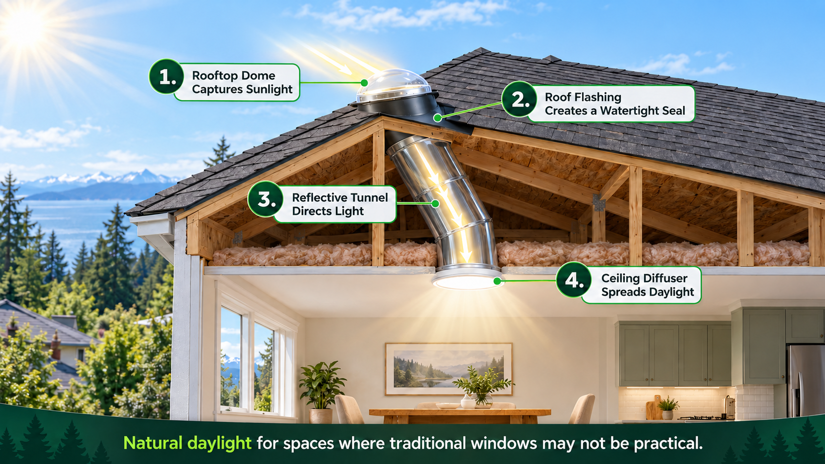 Cutaway diagram showing how a sun tunnel brings natural sunlight from the roof dome down into a living space