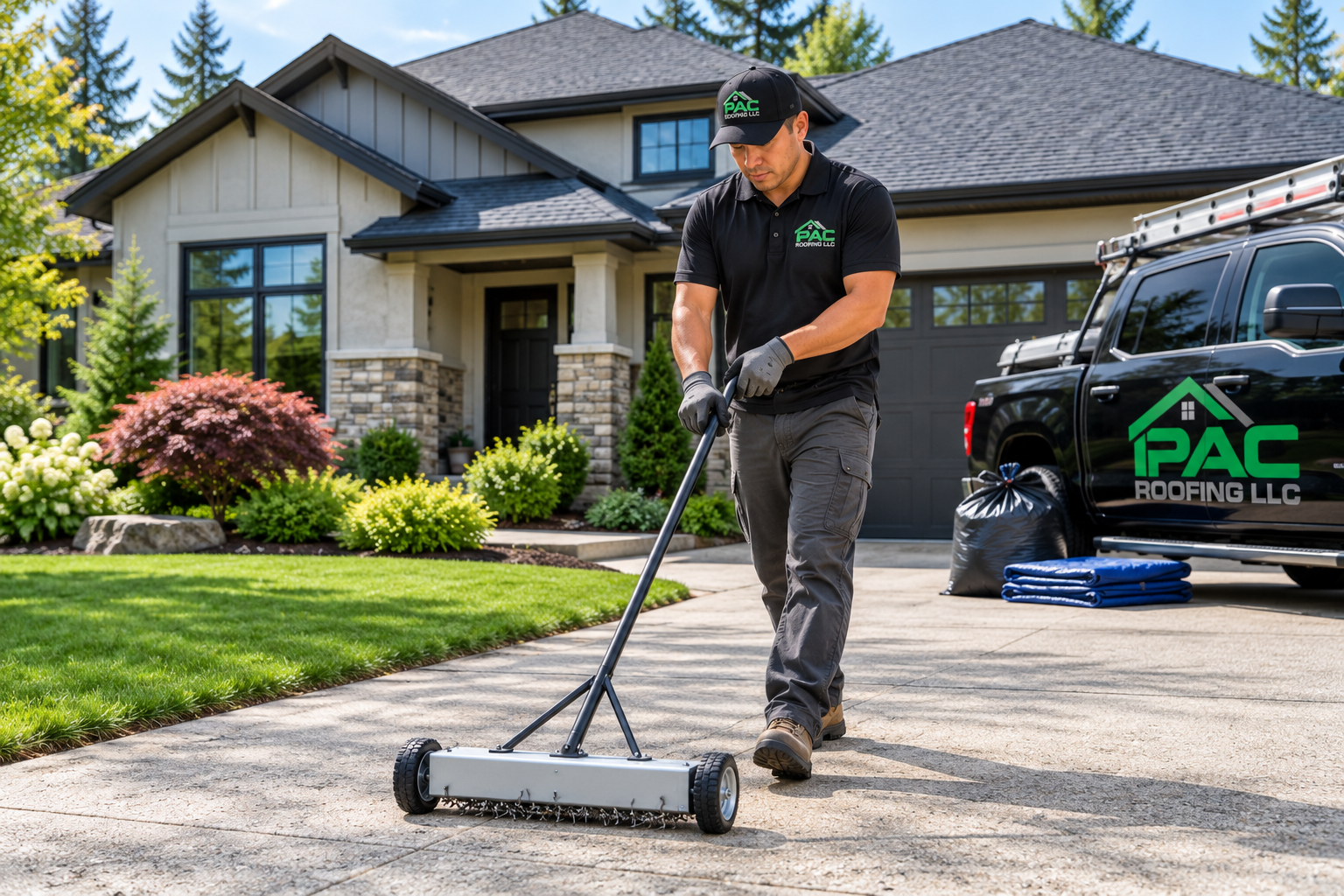 PAC Roofing LLC team member using magnetic nail sweeper for driveway cleanup